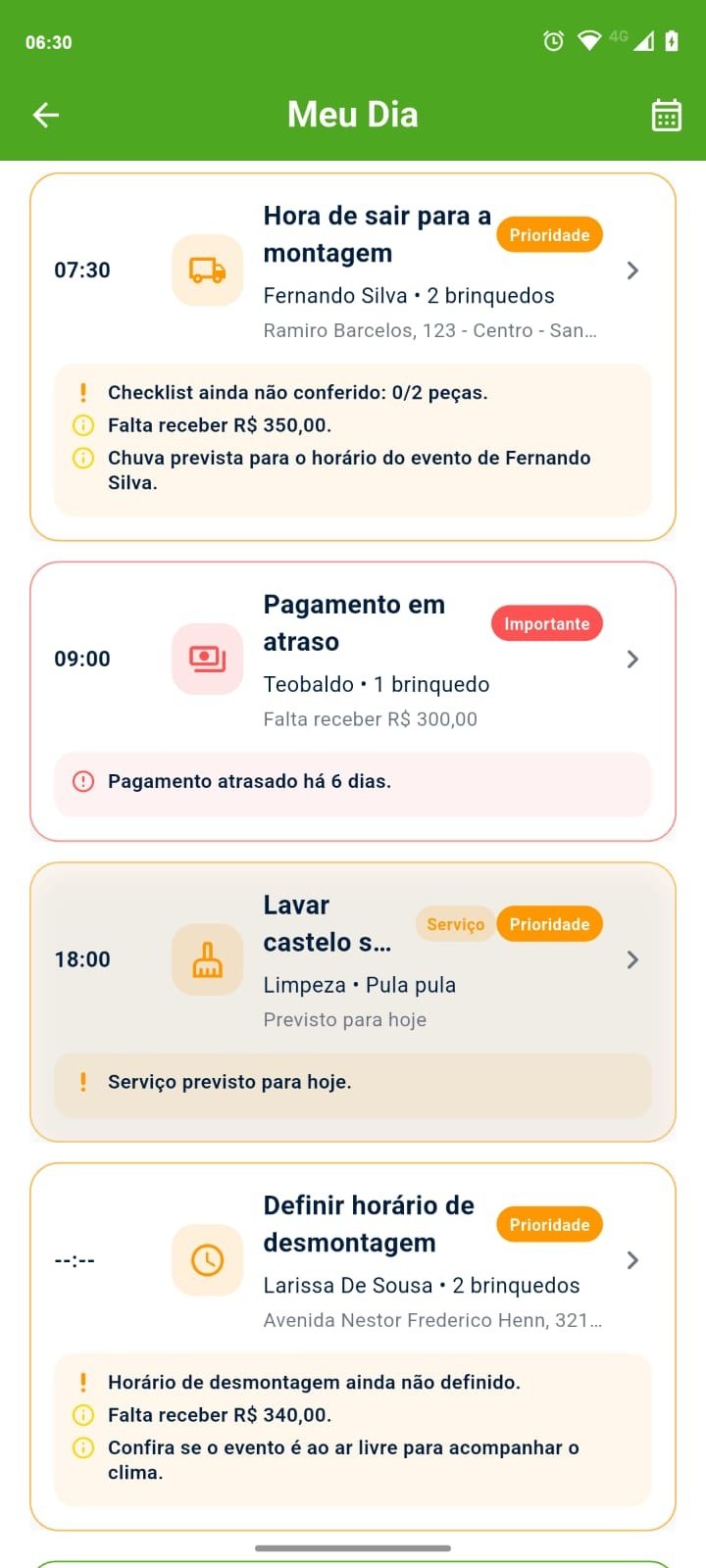 Tela Meu Dia da Bentoys mostrando prioridades, pagamentos, serviços e alertas do dia