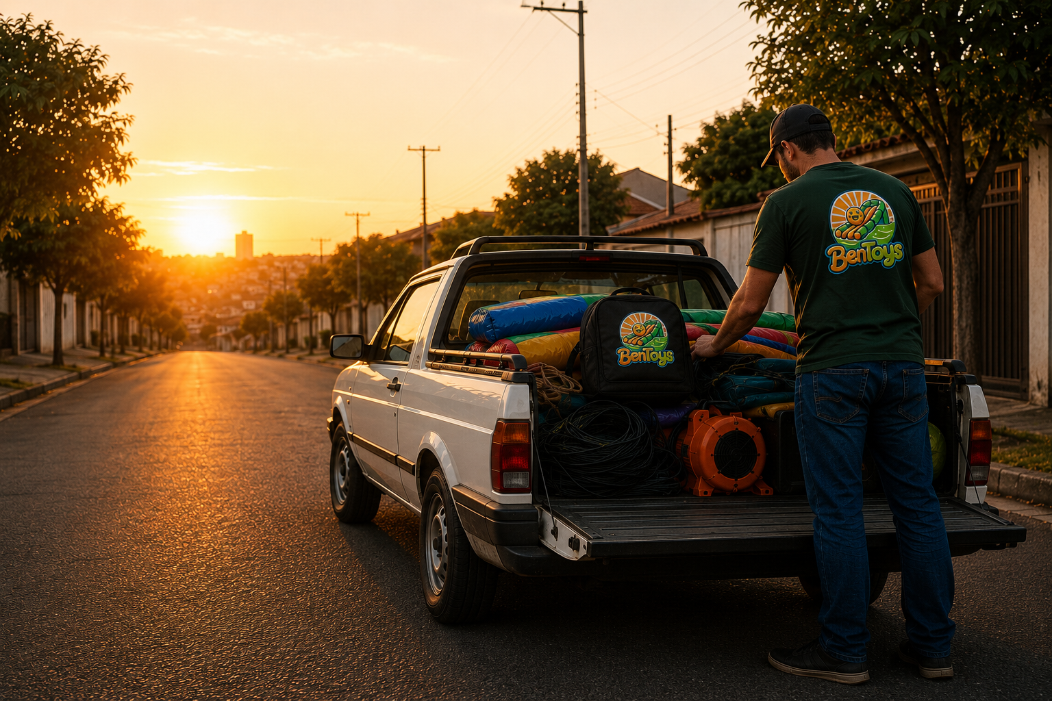 Locador carregando a Saveiro com brinquedos infláveis ao amanhecer