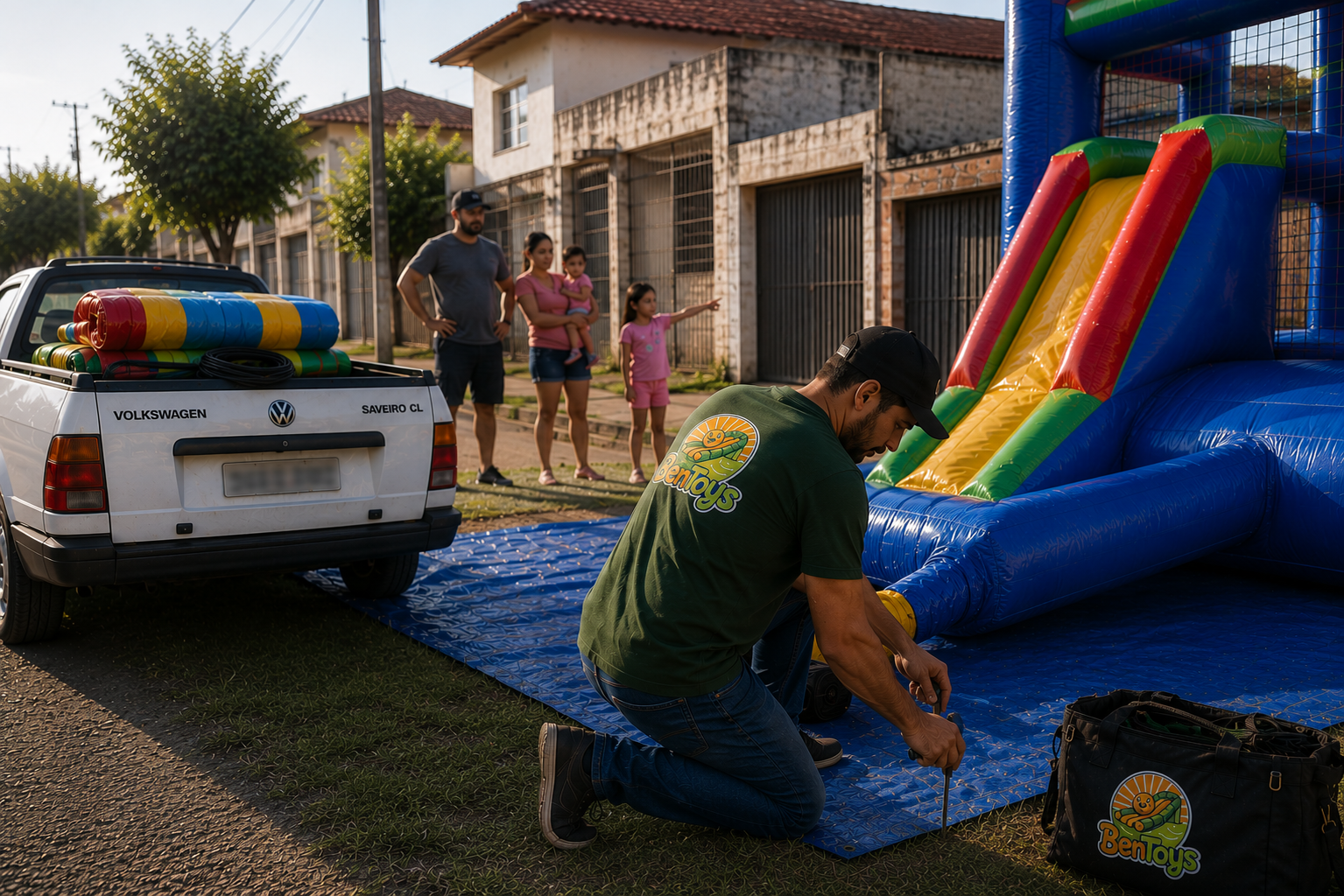 Montagem de brinquedo inflável antes da festa começar