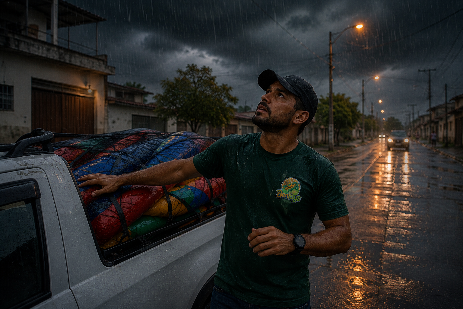 Locador lidando com chuva e imprevistos durante o dia de evento