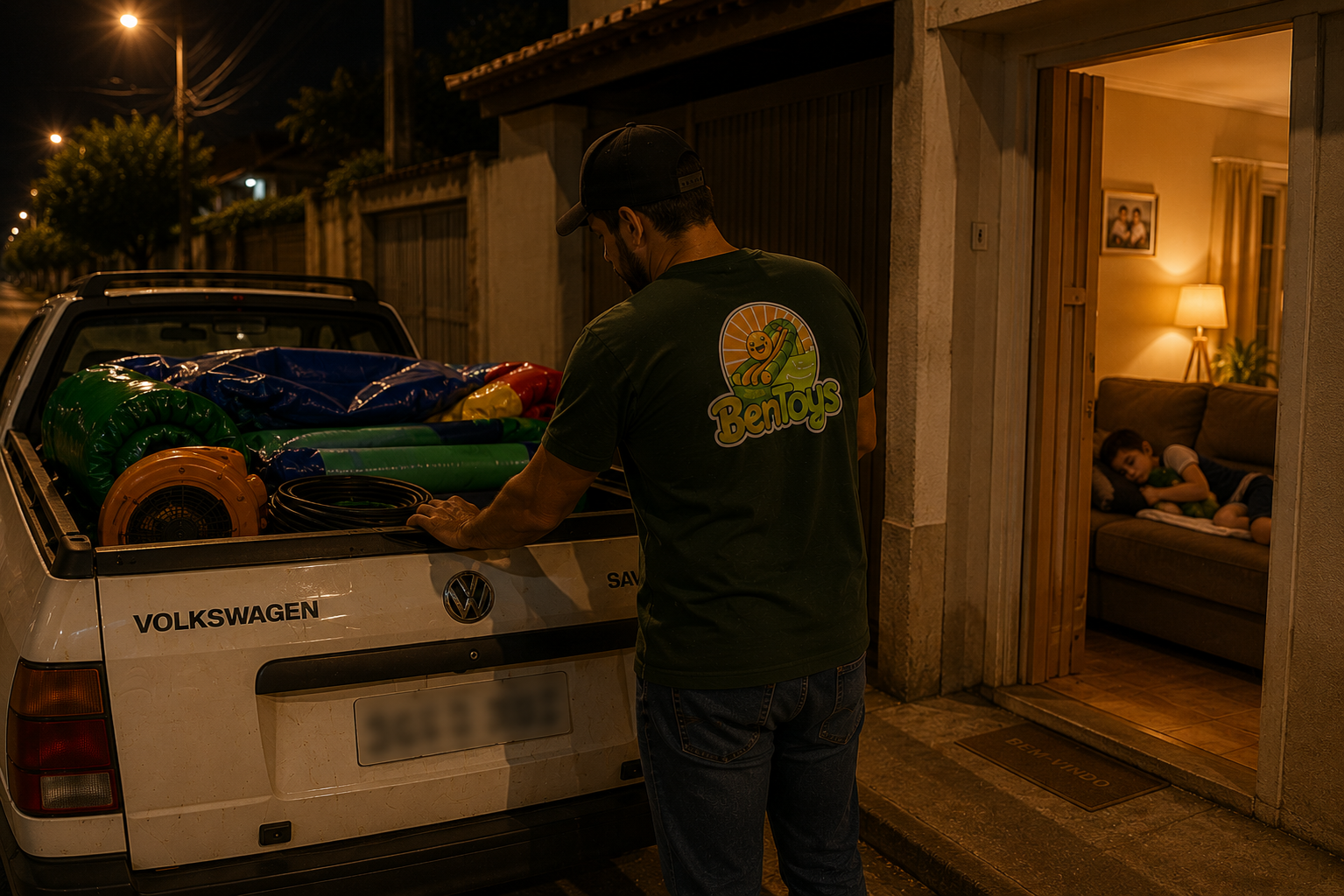 Locador chegando em casa e encontrando sua família depois do trabalho