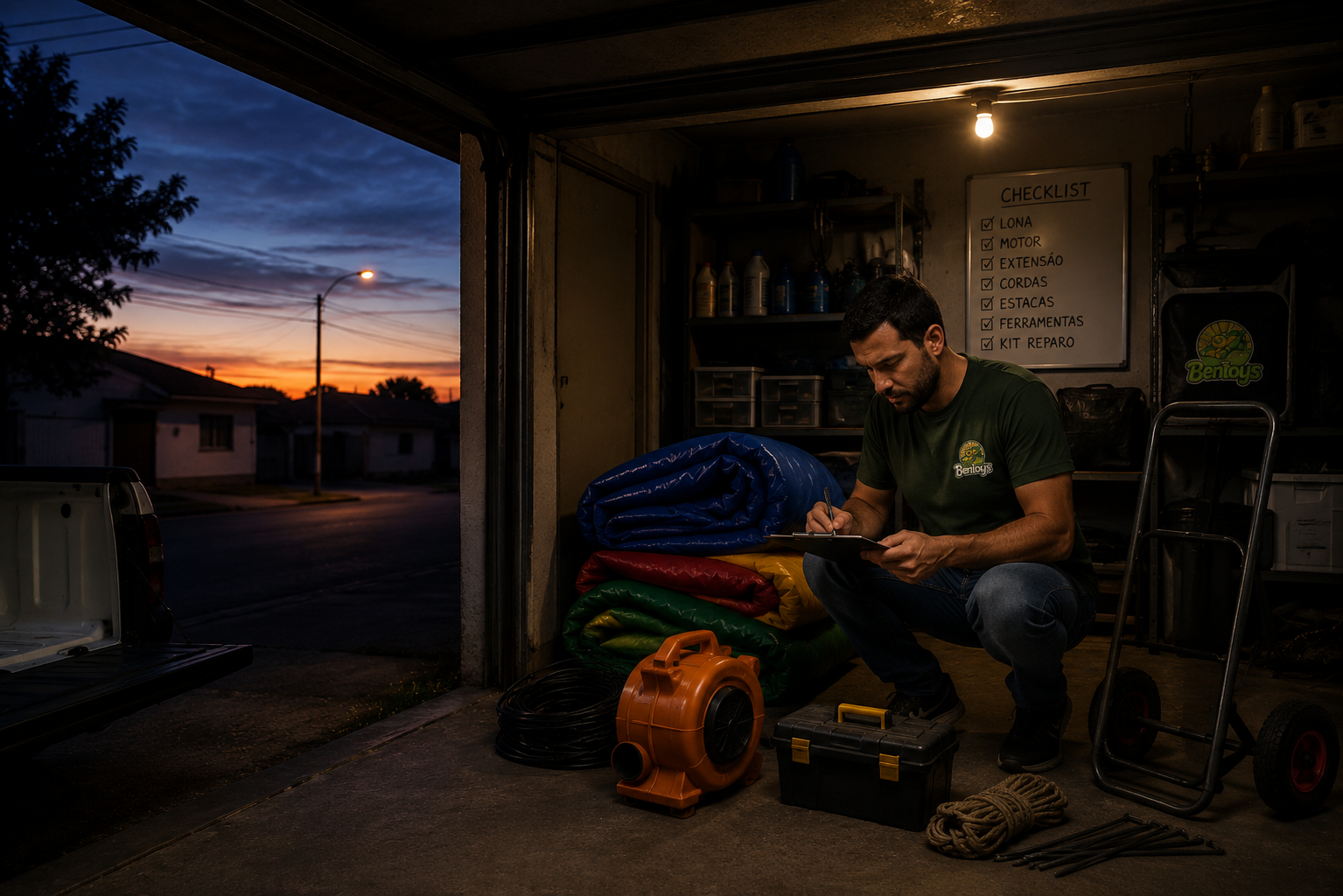 Locador preparando brinquedos na garagem antes do amanhecer